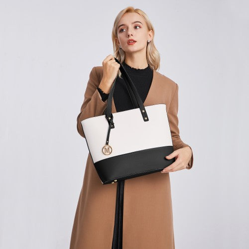 Miss Lulu 3 Piece Leather Look Tote Bag Set - Black And Beige