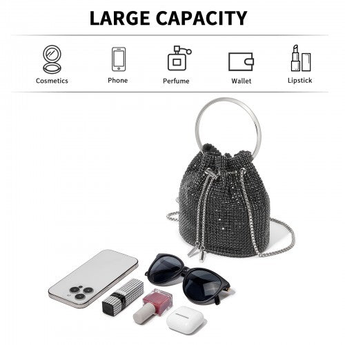 Women's Rhinestone Evening Bag – Sparkly Handbag with Metal Ring Handle and Chain Crossbody Strap - Black