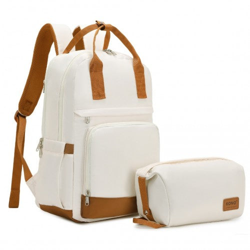 Kono Multi-Compartment Laptop Backpack with Type-C USB Charging Port and Small Pouch for Daily Commute and Travel - Cream/Brown