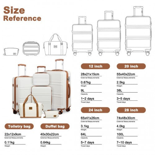 Kono 6 Piece ABS Suitcase Set With 4 Wheel design including Vanity Case Weekend Bag and Toiletry Bag – Cream