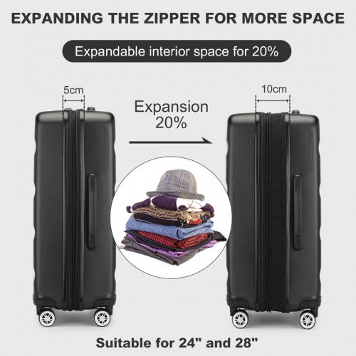 Kono 24 Inch Expandable Horizontal Engraved Hard Shell ABS+PC Check-In Suitcase with TSA Lock - Black