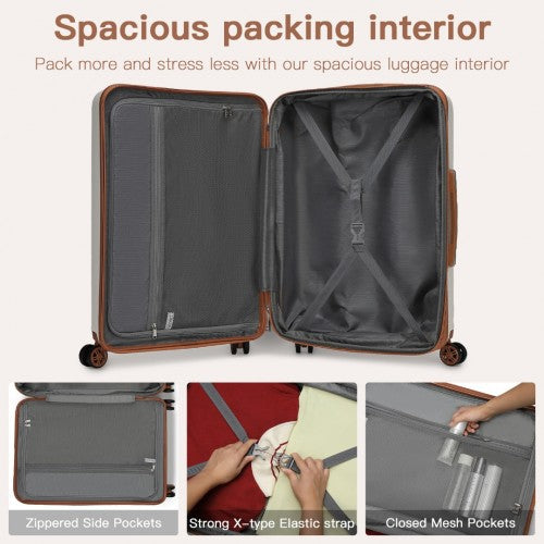 Kono 24 Inch Expandable Horizontal Engraved Hard Shell ABS+PC Check-In Suitcase with TSA Lock - Cream