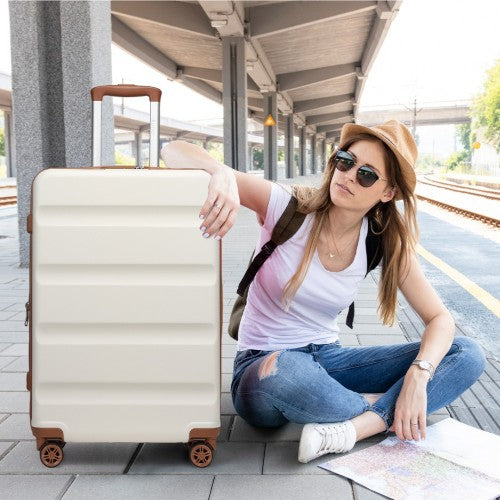 Kono 24 Inch Expandable Horizontal Engraved Hard Shell ABS+PC Check-In Suitcase with TSA Lock - Cream