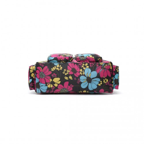 Kono Versatile Multi-Pocket Travel Bag with Adjustable Detachable Strap and Flower Print - Black