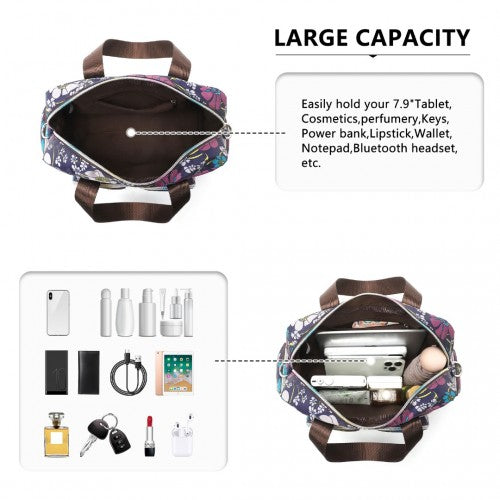 Kono Versatile Multi-Pocket Travel Bag with Adjustable Detachable Strap and Flower Print - Navy