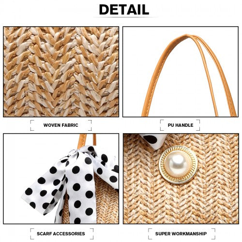 Miss Lulu Woven Straw Design Shoulder Bag With Polka Dot Scarf - Khaki