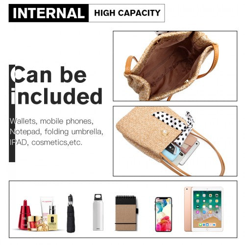 Miss Lulu Woven Straw Design Shoulder Bag With Polka Dot Scarf - Khaki