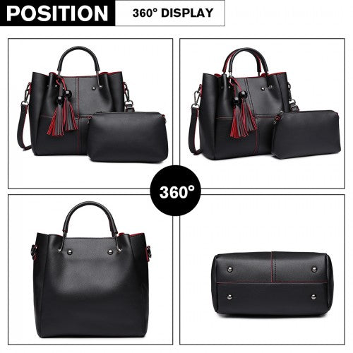 Miss Lulu Leather Look 2 In 1 Bucket Handbag - Black