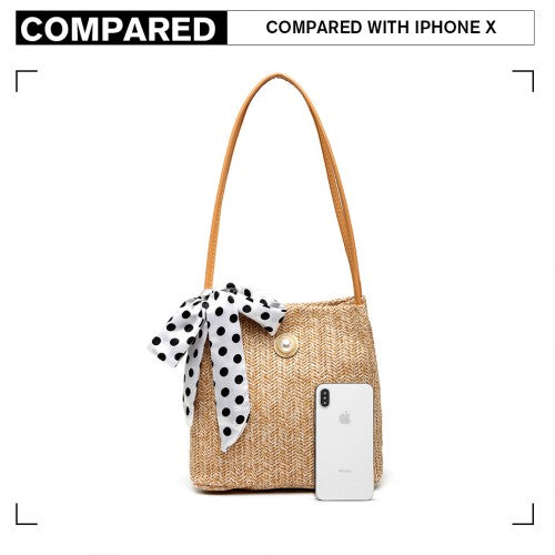 Miss Lulu Woven Straw Design Shoulder Bag With Polka Dot Scarf - Khaki