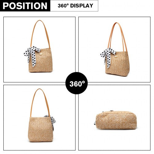 Miss Lulu Woven Straw Design Shoulder Bag With Polka Dot Scarf - Khaki