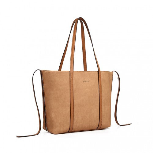 Miss Lulu Leather Look Two Way Tote Shoulder Bag - Khaki
