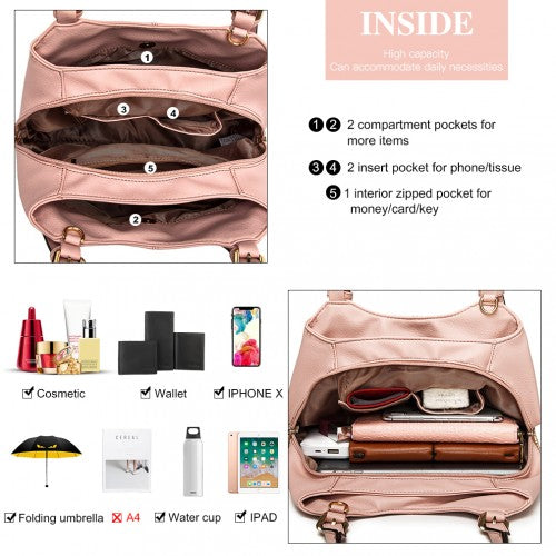 Miss Lulu Multi Compartment Shoulder Bag - Pink