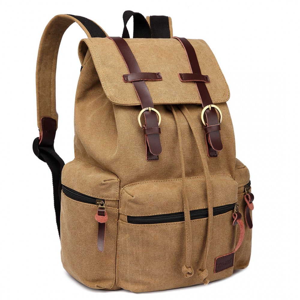Kono Large Multi Function Leather Details Canvas Backpack Brown