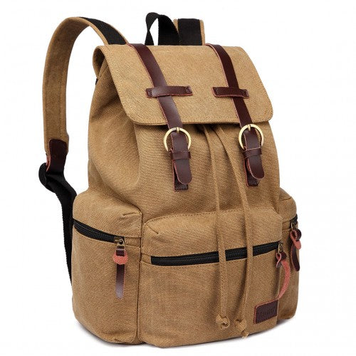 Kono Large Multi Function Leather Details Canvas Backpack Brown