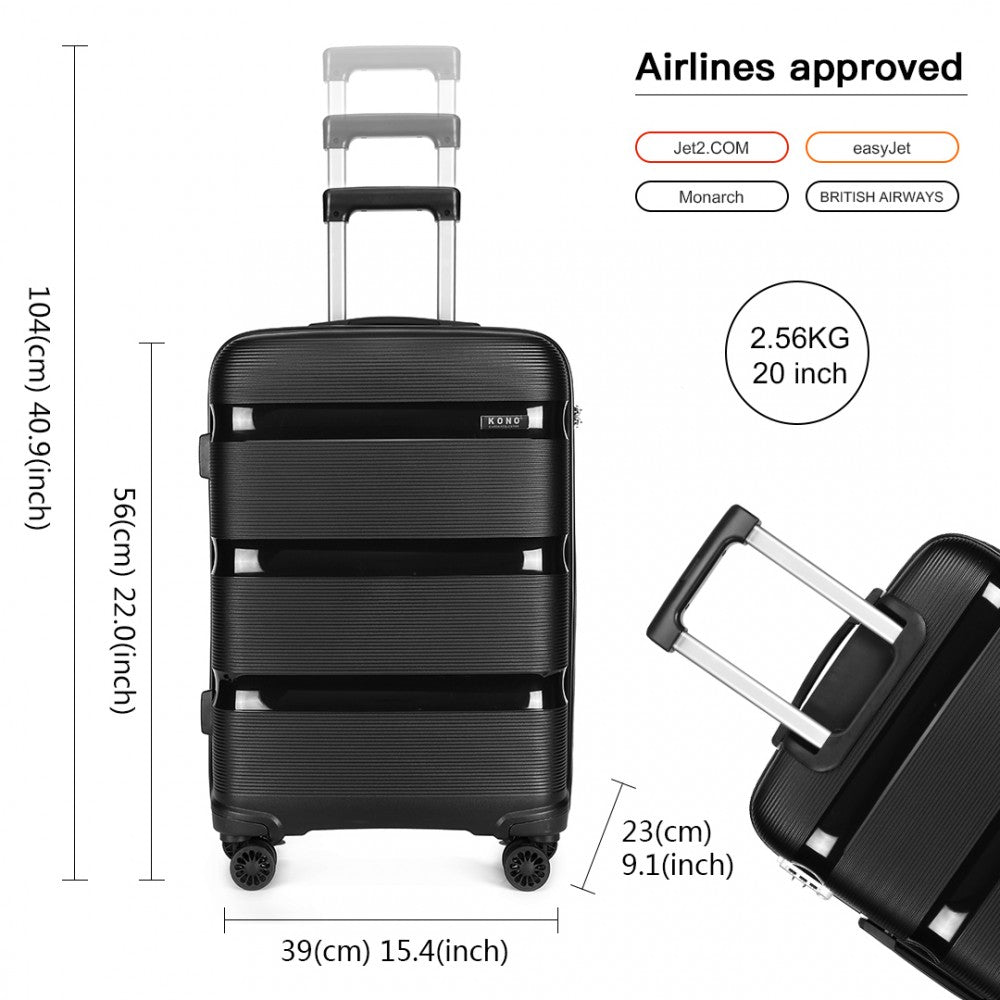 Kono 20 Inch Bright Hard Shell PP Suitcase - Classic Collection - Black