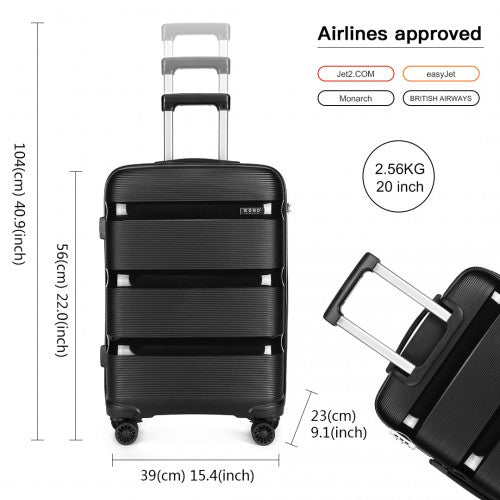 Kono 20 Inch Bright Hard Shell PP Suitcase - Classic Collection - Black