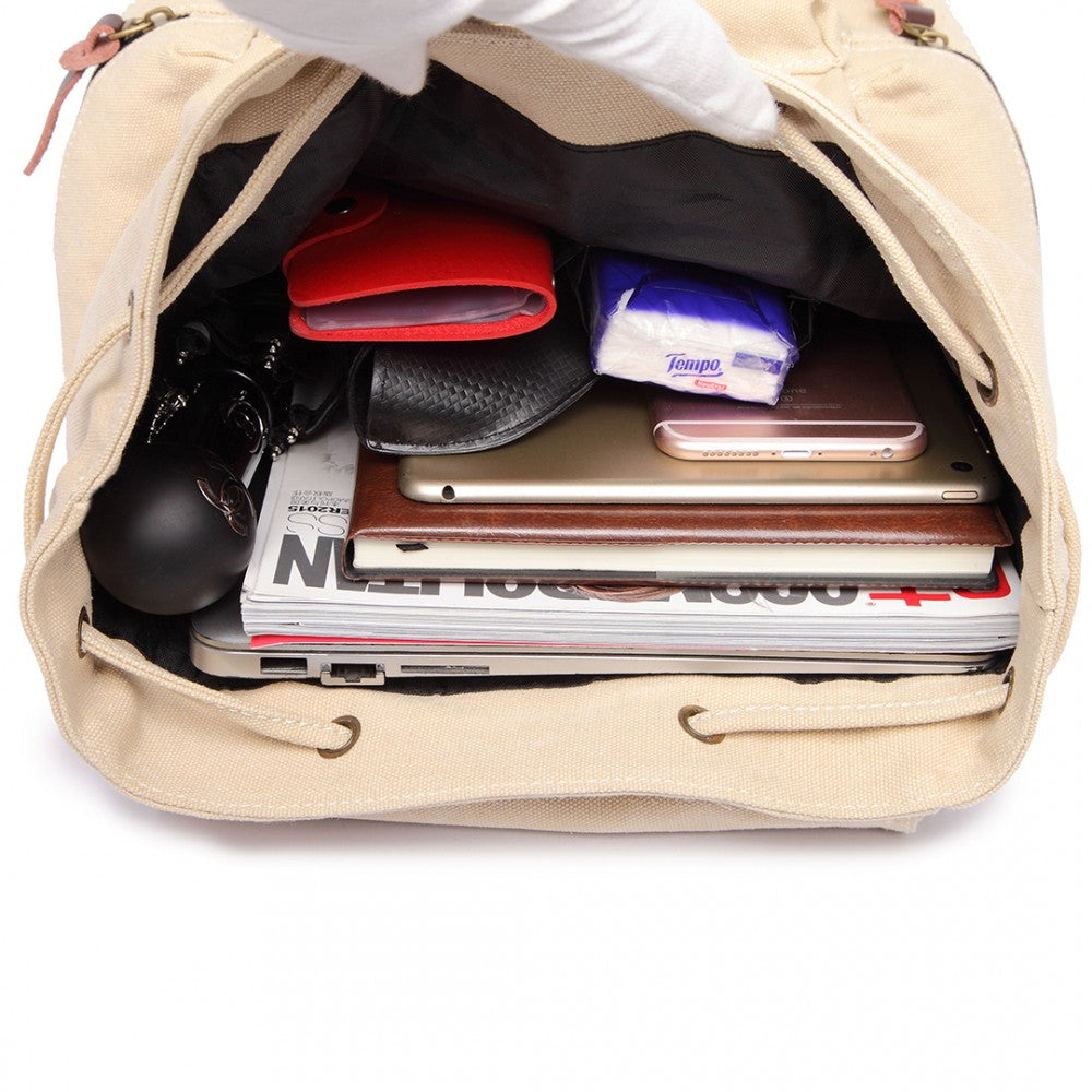 Kono Large Multi Function Leather Details Canvas Backpack Biege