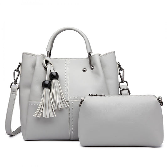 Miss Lulu Leather Look 2 In 1 Bucket Handbag - Grey