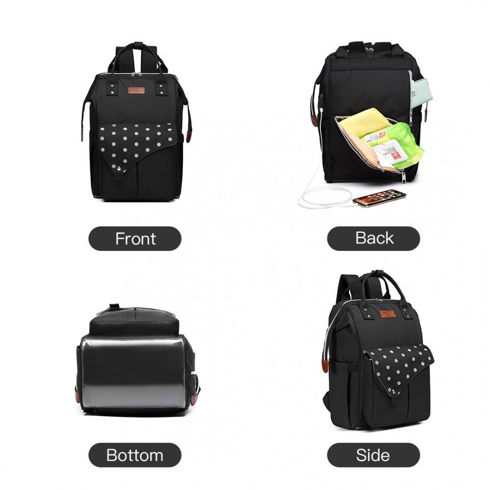 Kono Polka Dot Maternity Backpack Bag With USB Connectivity - Black