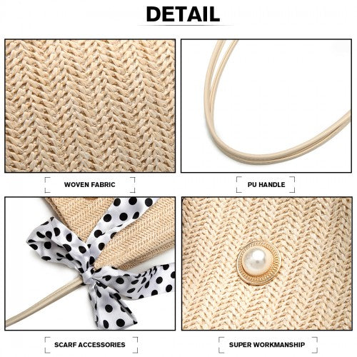 Miss Lulu Woven Straw Design Shoulder Bag With Polka Dot Scarf - Beige