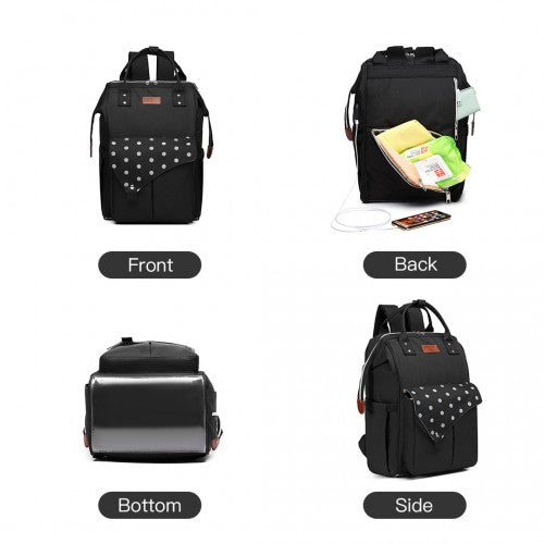 Kono Polka Dot Maternity Backpack Bag With USB Connectivity - Black