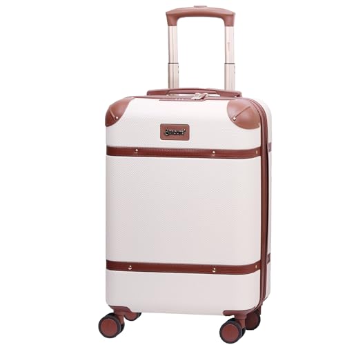 Aerolite Ultra Quiet 8 Wheel Stylish Classic Retro Vintage Style ABS Hard Shell Carry On Hand Cabin Luggage Suitcase with 4 Dual Hinomoto Wheels & TSA Lock 55x35x20, Cream