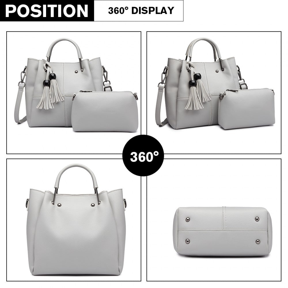 Miss Lulu Leather Look 2 In 1 Bucket Handbag - Grey