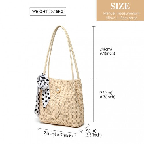 Miss Lulu Woven Straw Design Shoulder Bag With Polka Dot Scarf - Beige