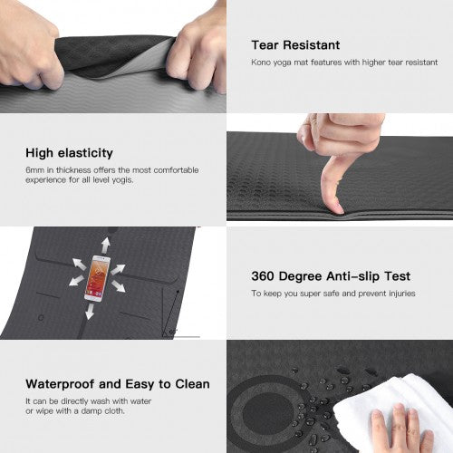 Kono TPE Non-Slip Classic Yoga Mat - Black & Grey