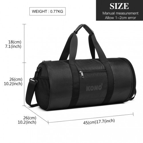 Kono Polyester Barrel Duffle Gym/Sports Bag - Black