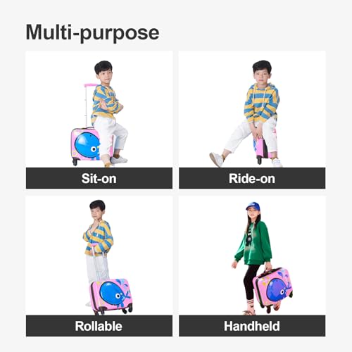 GinzaTravel 3D Little Whale Cute Children's Luggage Sit and Ride Trolley Case 18-inch Universal Wheel Travel Case for Boys and Girls, Pink color,