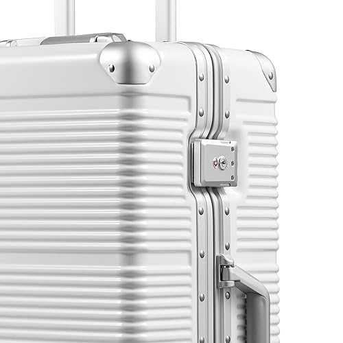 PRIMICIA GinzaTravel New Classic Aluminum Frame Fashion Bright Color Suitcase with TSA Lock No Zipper(Colorful Series), Milky White, Checked-Large 28", New Classic Aluminum Frame Fashion Bright Color