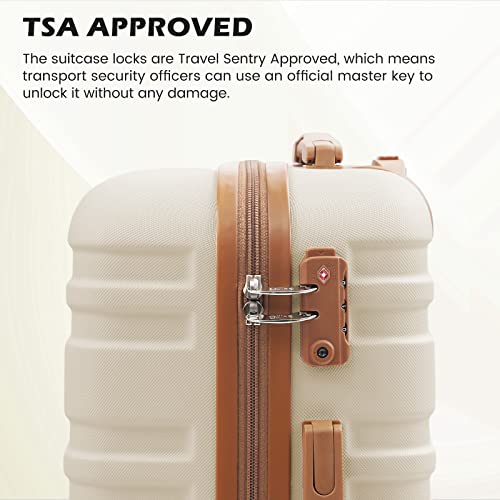 COOLIFE Suitcase Trolley Carry On Hand Cabin Luggage Set with TSA Lock, Hard Shell Lightweight Included 1pcs Travel Bag and 1pcs Toiletry Bag (White/Brown, 20 Inch)