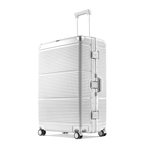 PRIMICIA GinzaTravel New Classic Aluminum Frame Fashion Bright Color Suitcase with TSA Lock No Zipper(Colorful Series), Milky White, Checked-Large 28", New Classic Aluminum Frame Fashion Bright Color