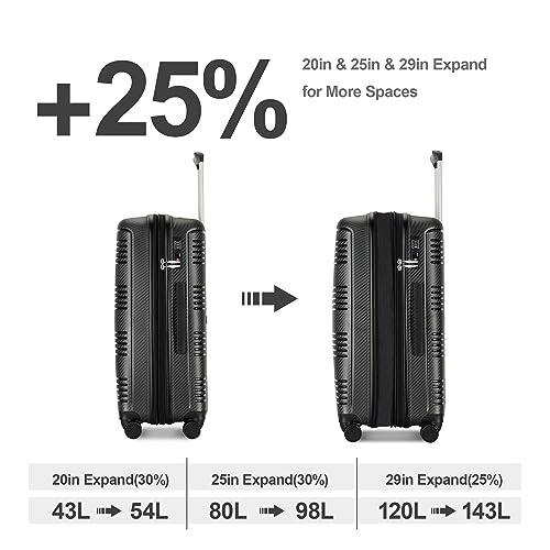 GinzaTravel 3-piece sets luggage with scratch-resistant PP material, expandable(all 20 25 29 Super light, large-capacity double seal suitcase, Black color, Carry-On 20-Inch, Lightweight Luggage Tsa