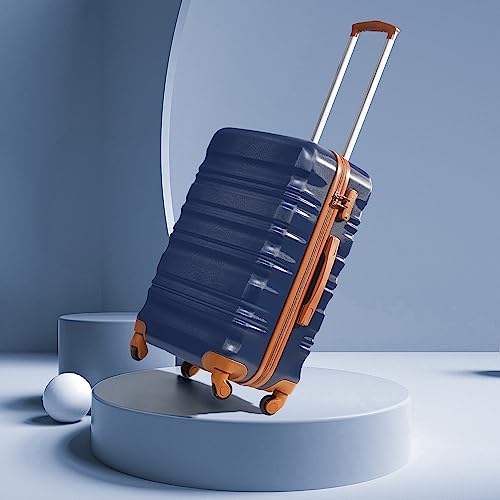 COOLIFE Suitcase Trolley Carry On Hand Cabin Luggage Hard Shell Travel Bag Lightweight with TSA Lock and 2 Year Warranty Durable 4 Spinner Wheels (Apricot Navy, 3 Pcs Set)