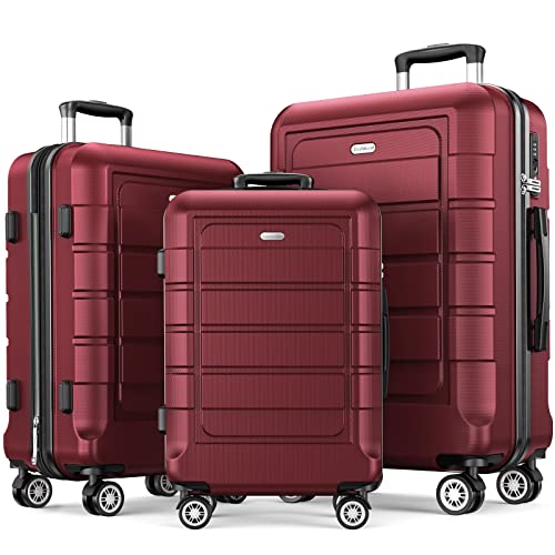 SHOWKOO Luggage Sets 3 Piece Hard Shell PC+ABS Expandable Lightweight Durable Travel Suitcase with Spinner Wheels TSA Lock, 20" 24" 28" -Wine Red