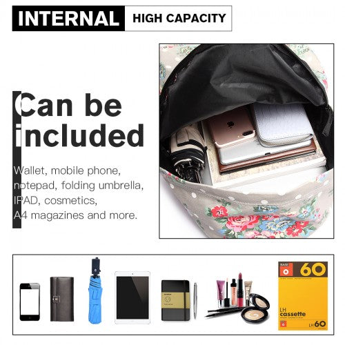 Miss Lulu Large Backpack Flower Polka Dot - Grey