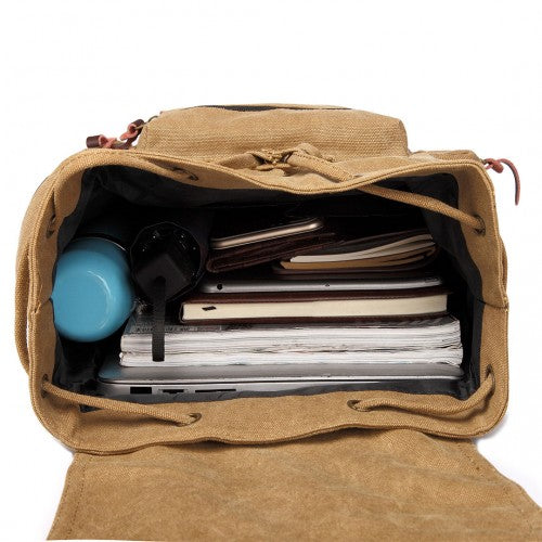 Kono Large Multi Function Leather Details Canvas Backpack Brown