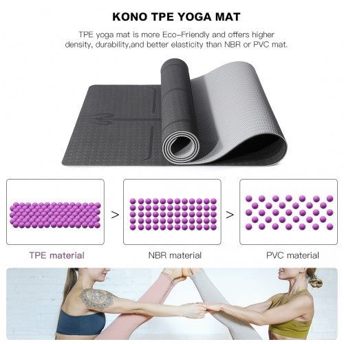 Kono TPE Non-Slip Classic Yoga Mat - Black & Grey
