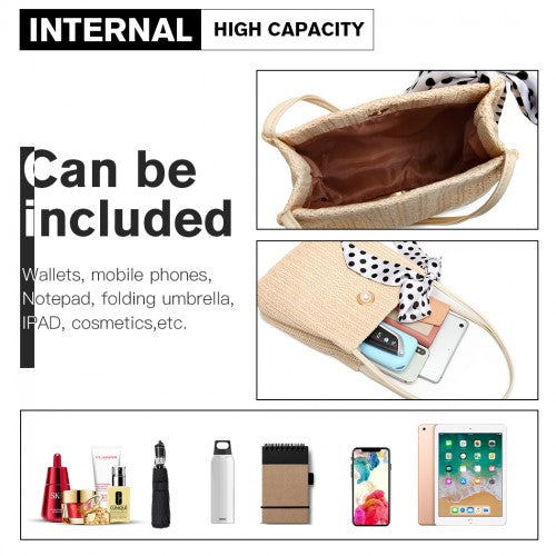 Miss Lulu Woven Straw Design Shoulder Bag With Polka Dot Scarf - Beige
