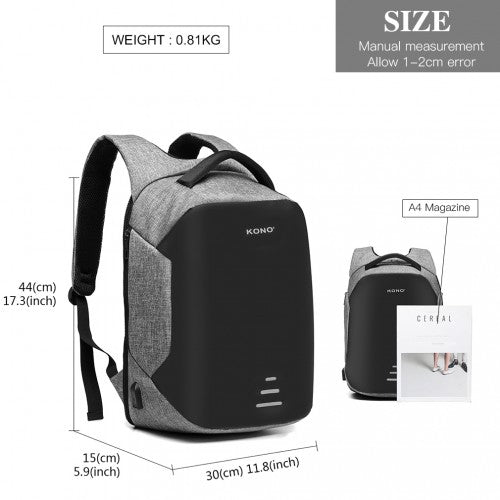 Kono Reflective USB Charging Interface Backpack - Grey
