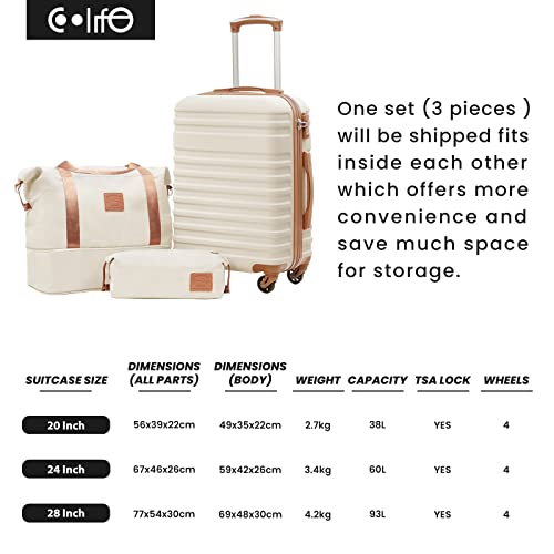 COOLIFE Suitcase Trolley Carry On Hand Cabin Luggage Set with TSA Lock, Hard Shell Lightweight Included 1pcs Travel Bag and 1pcs Toiletry Bag (White/Brown, 20 Inch)