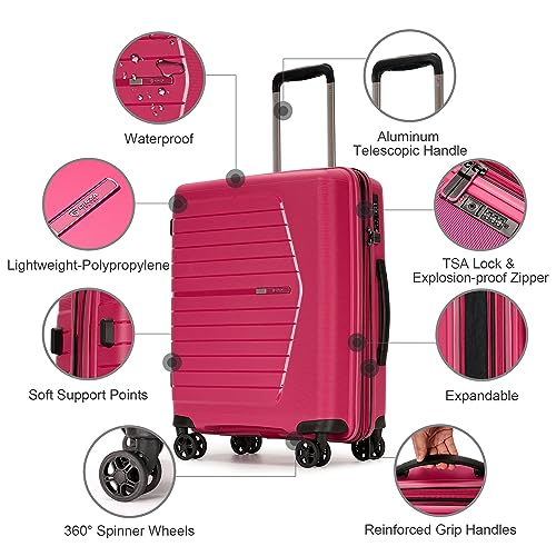 GinzaTravel Hardside Expandable Luggage with Spinner Wheels,TSA Lock,, Deep Pink, Carry-On 20-Inch