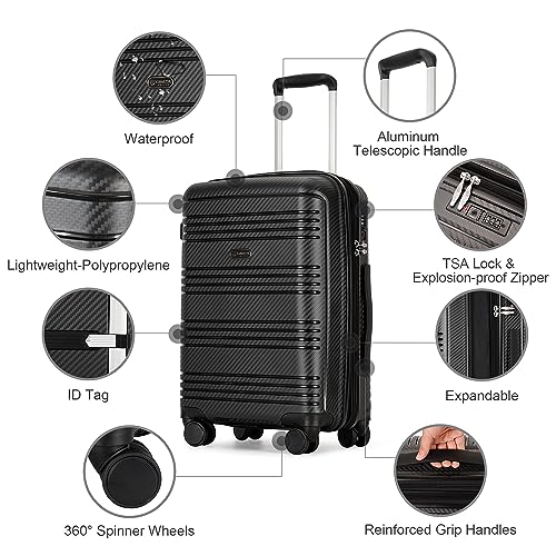 GinzaTravel 3-piece sets luggage with scratch-resistant PP material, expandable(all 20 25 29 Super light, large-capacity double seal suitcase, Black color, Carry-On 20-Inch, Lightweight Luggage Tsa