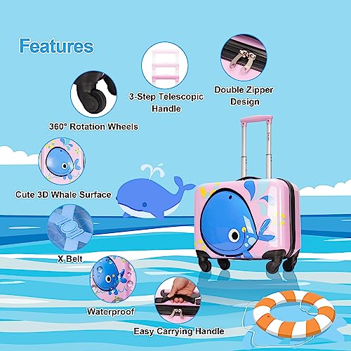 GinzaTravel 3D Little Whale Cute Children's Luggage Sit and Ride Trolley Case 18-inch Universal Wheel Travel Case for Boys and Girls, Pink color,