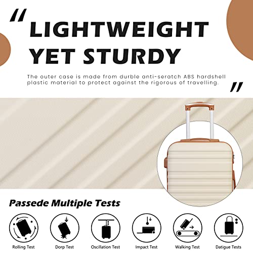 COOLIFE Suitcase Trolley Carry On Hand Cabin Luggage Set with TSA Lock, Hard Shell Lightweight Included 1pcs Travel Bag and 1pcs Toiletry Bag (White/Brown, 20 Inch)
