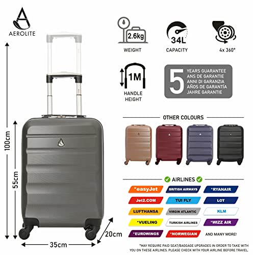 Aerolite 55x35x20cm Lightweight ABS Hard Shell Travel Carry On Cabin Hand Luggage Suitcase - Set of 2