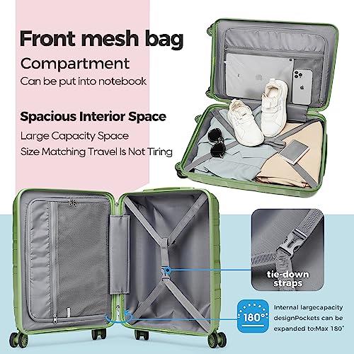 Melalenia Luggage Carry On Suitcase Sets, Expandable PP Hard Shell Suitcase with Spinner Wheels,Travel Luggage with TSA Locks 22x14x9 Airline Approved, Green, 5 Piece Set, Luggage