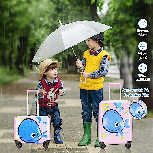 GinzaTravel 3D Little Whale Cute Children's Luggage Sit and Ride Trolley Case 18-inch Universal Wheel Travel Case for Boys and Girls, Pink color,